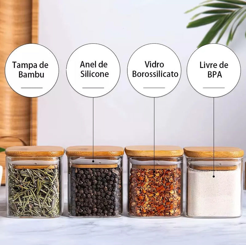 Kit de 15 Potes Herméticos de Vidro Tampa de Bambu