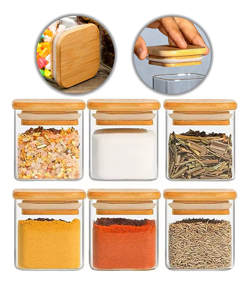 Kit de 15 Potes Herméticos de Vidro Tampa de Bambu