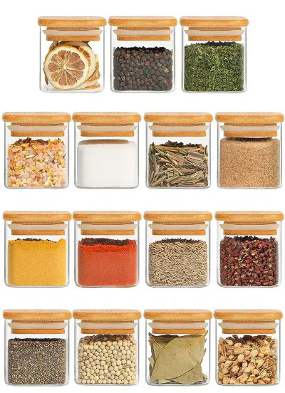 Kit de 15 Potes Herméticos de Vidro Tampa de Bambu