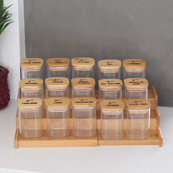 Kit de 15 Potes Herméticos de Vidro Tampa de Bambu